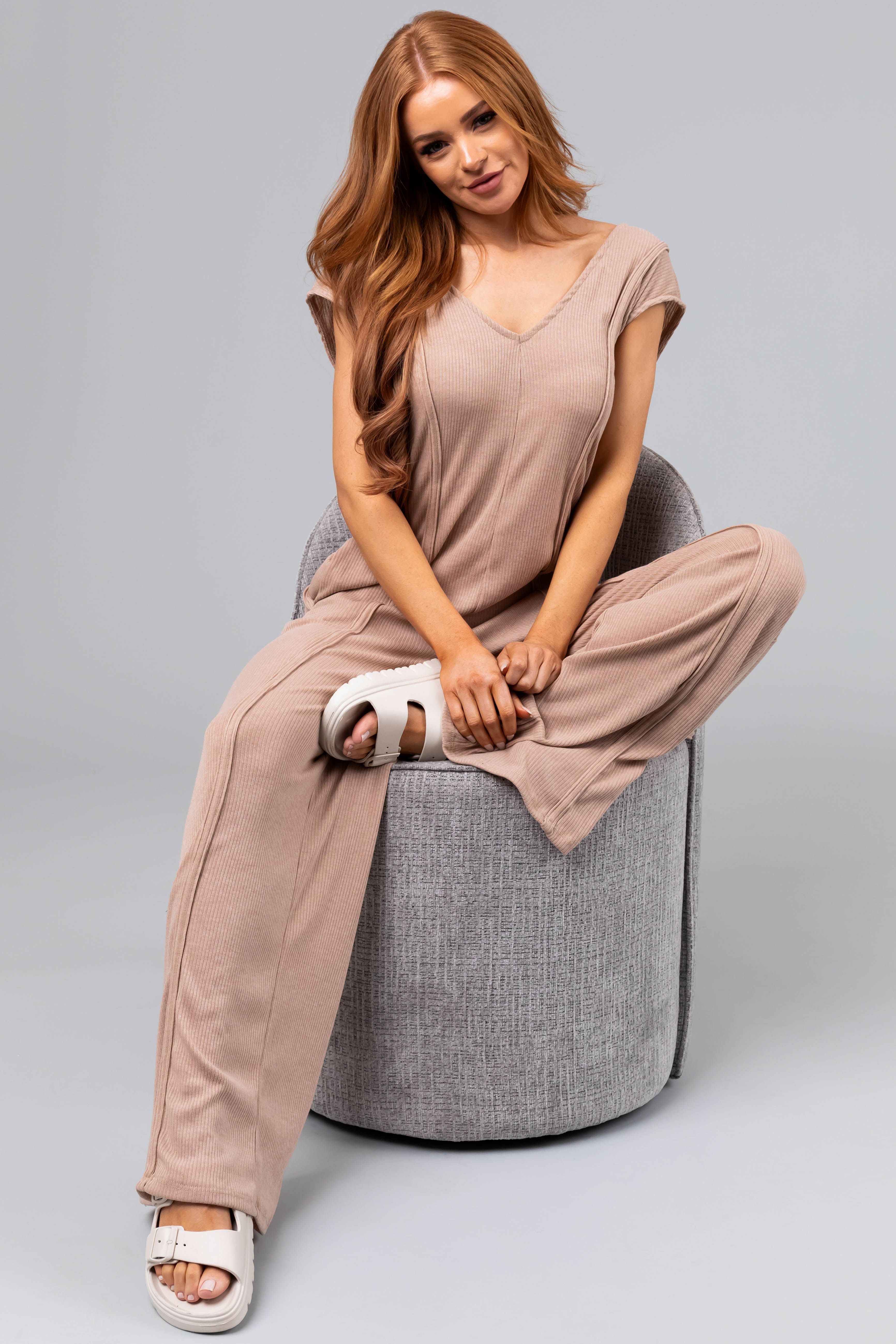 Desert Sand Flowy Wide Leg Knit Jumpsuit