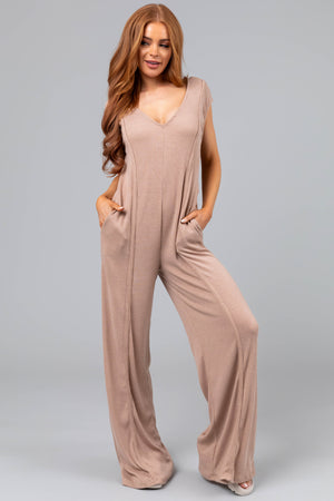 Desert Sand Flowy Wide Leg Knit Jumpsuit