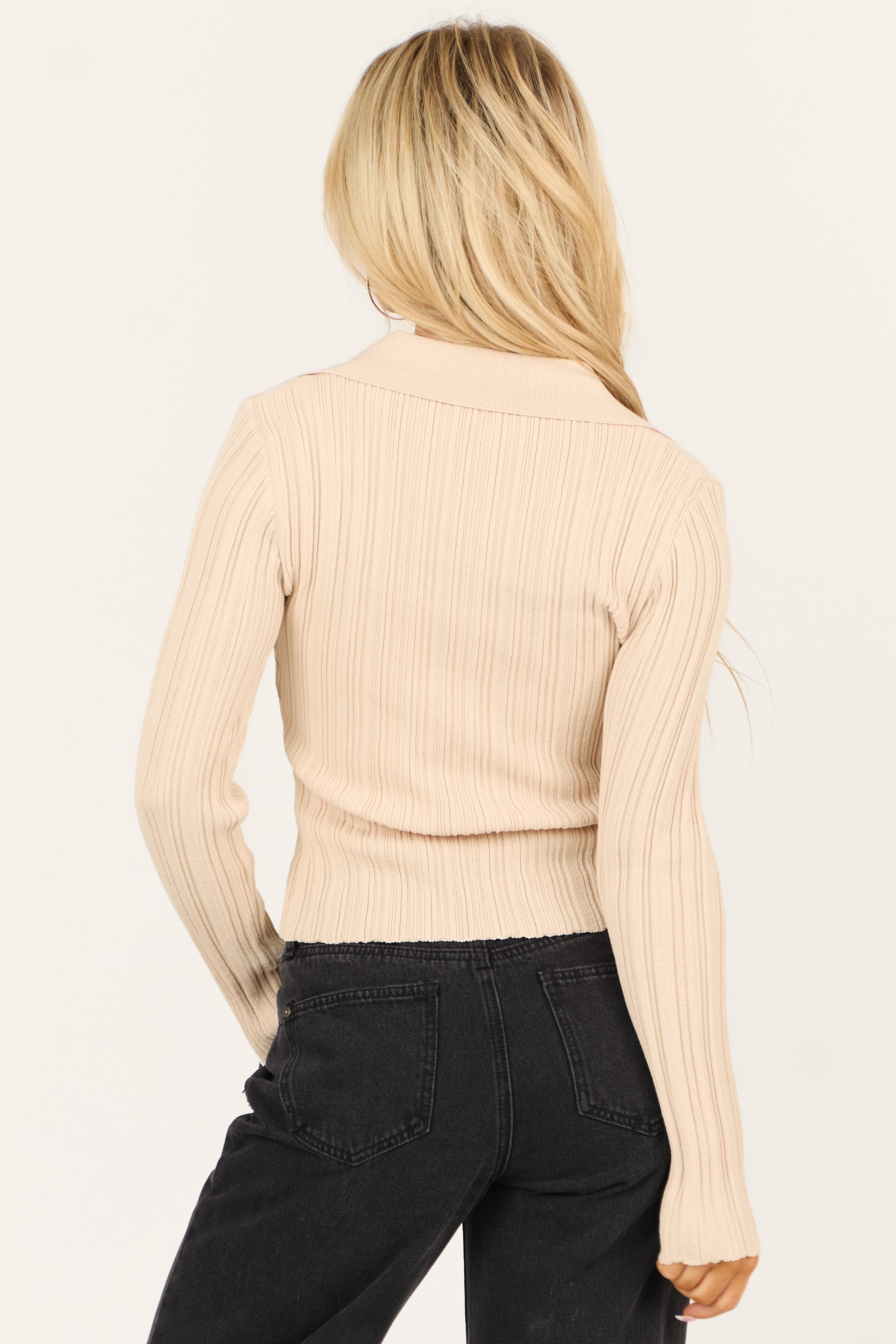 Desert Sand Front Tie Ribbed Long Sleeve Top