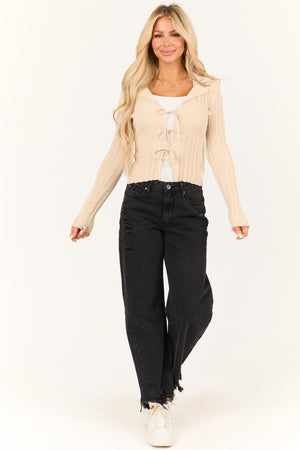 Desert Sand Front Tie Ribbed Long Sleeve Top