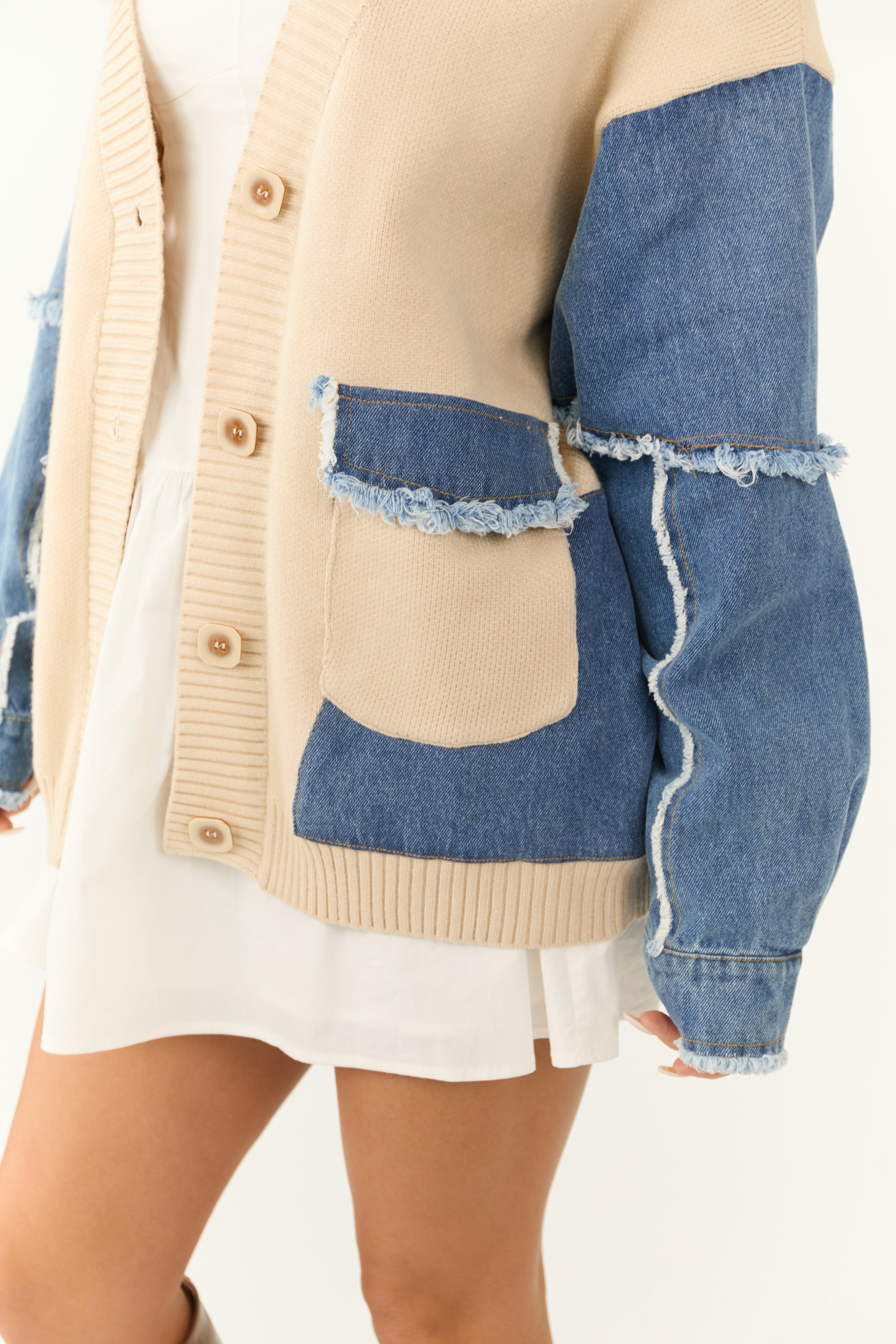 Desert Sand Knit and Denim Colorblock Cardigan