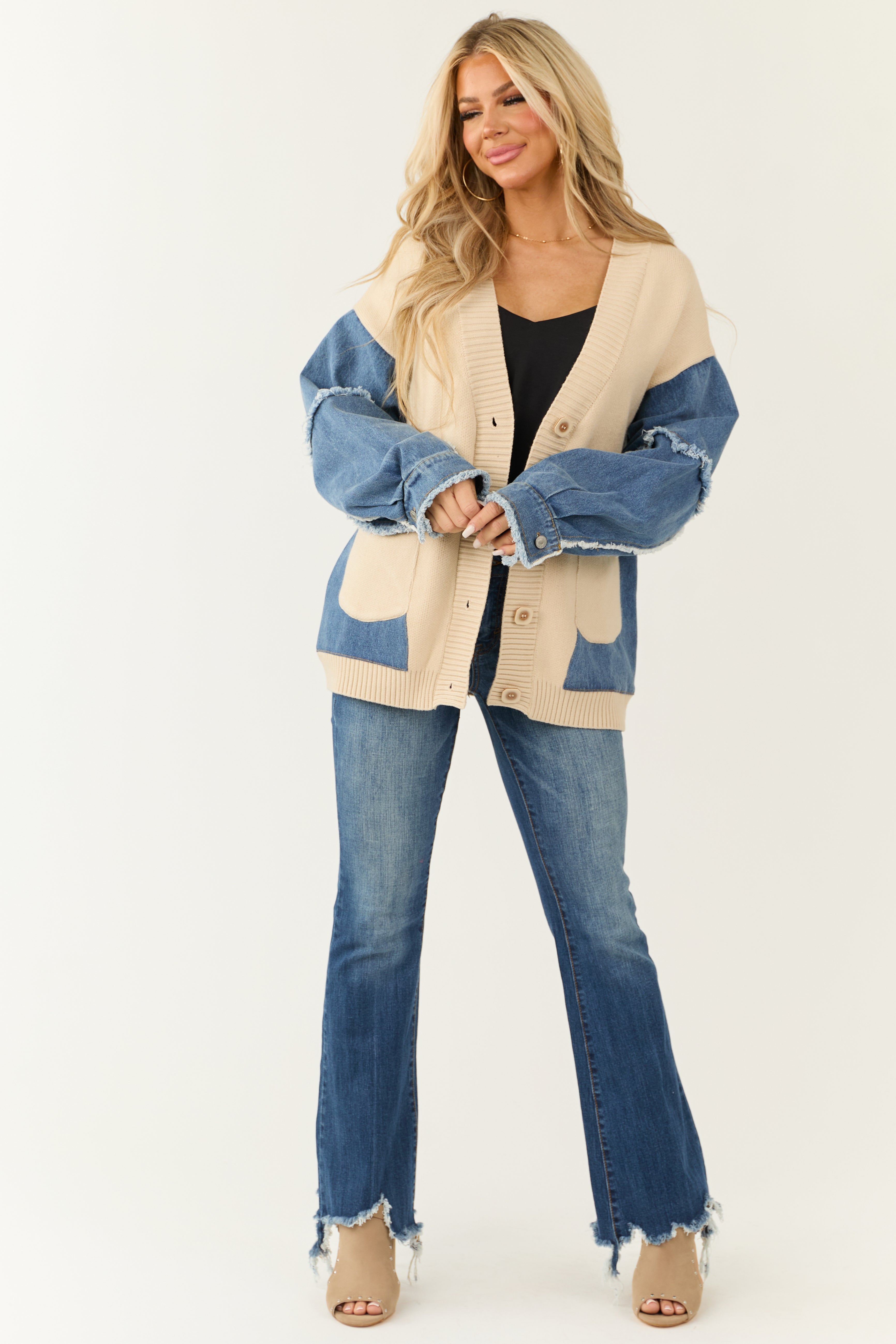 Desert Sand Knit and Denim Colorblock Cardigan