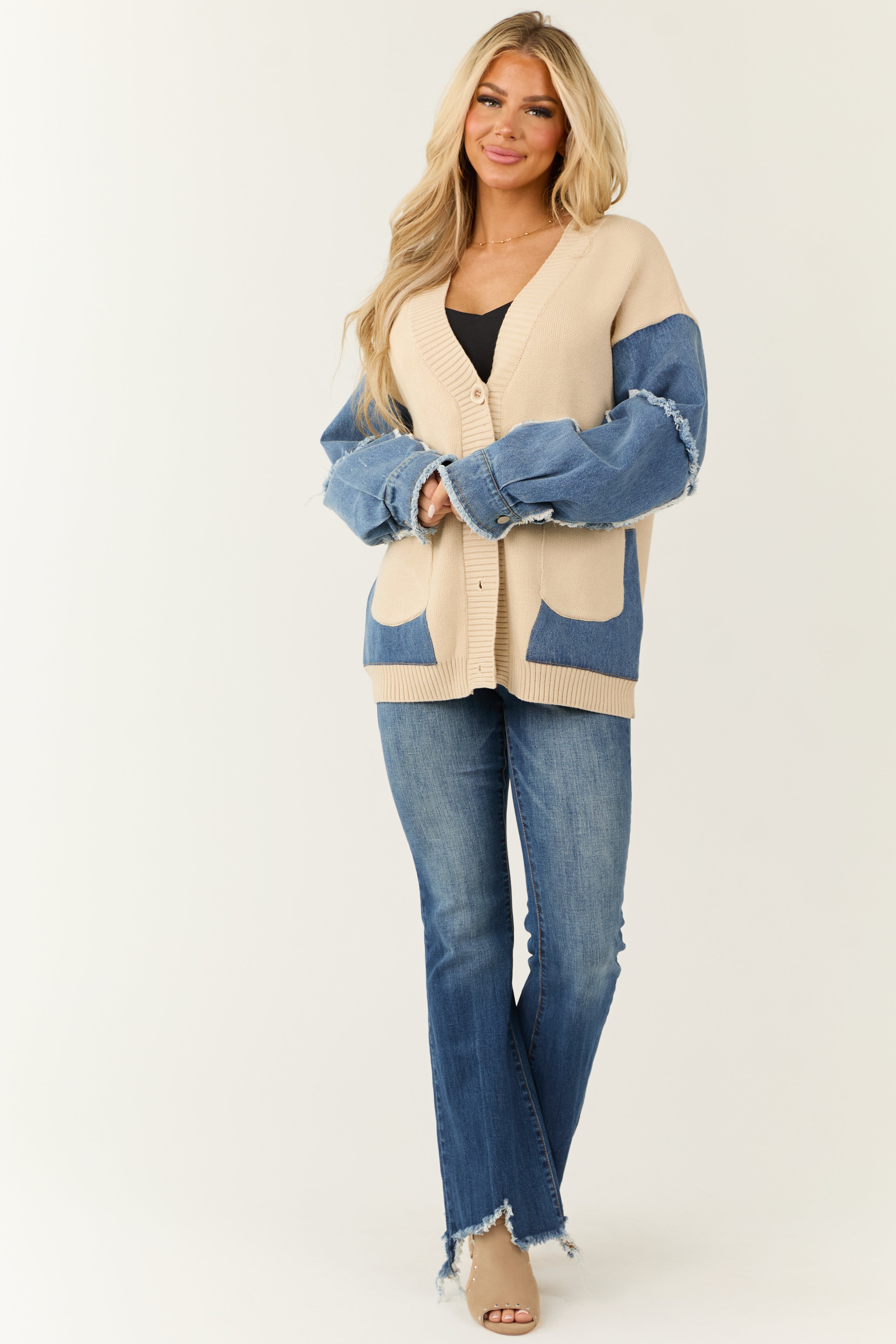 Desert Sand Knit and Denim Colorblock Cardigan