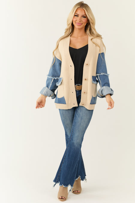 Desert Sand Knit and Denim Colorblock Cardigan