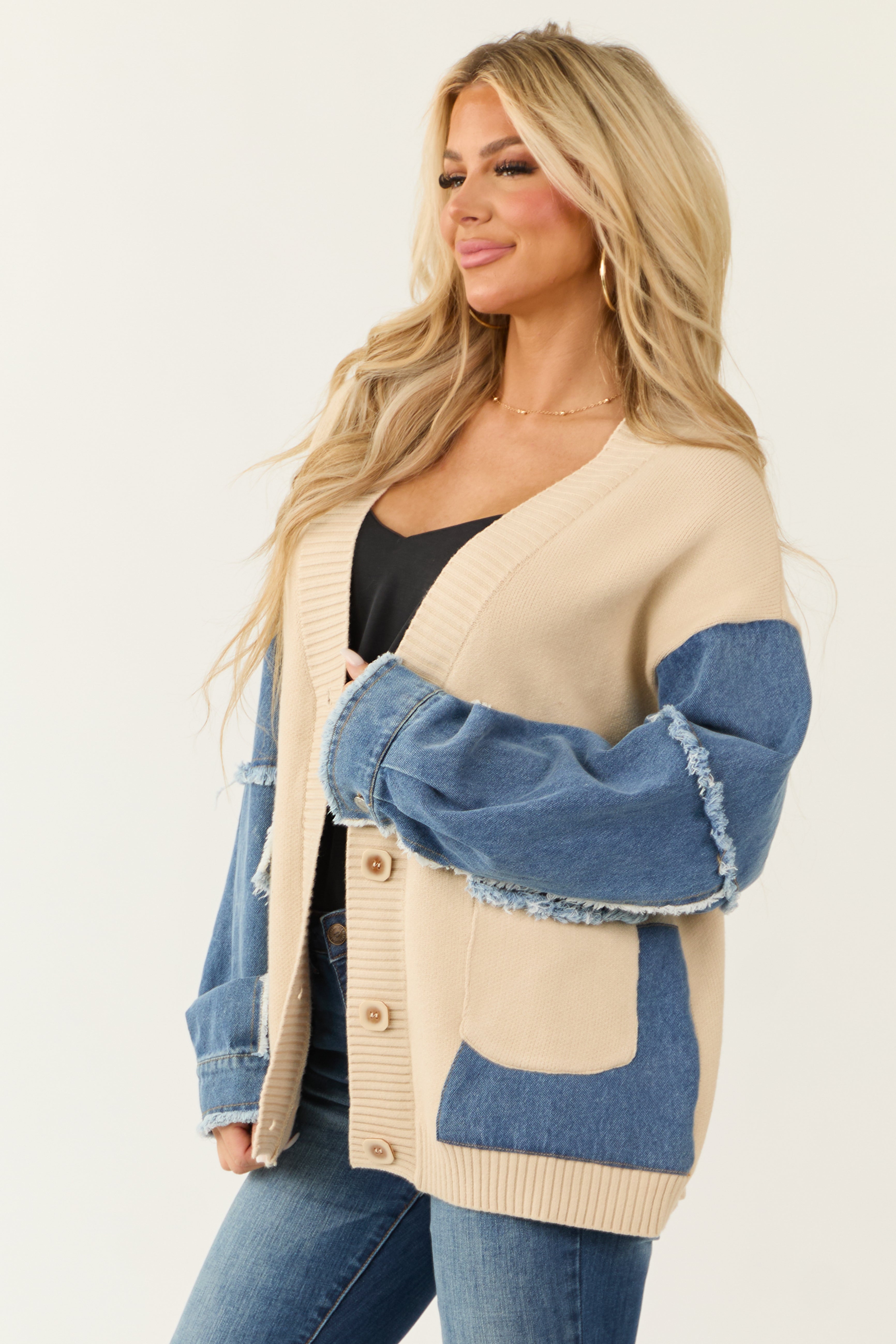 Desert Sand Knit and Denim Colorblock Cardigan