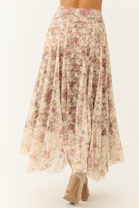 Desert Sand Lace Handkerchief Hem Maxi Skirt