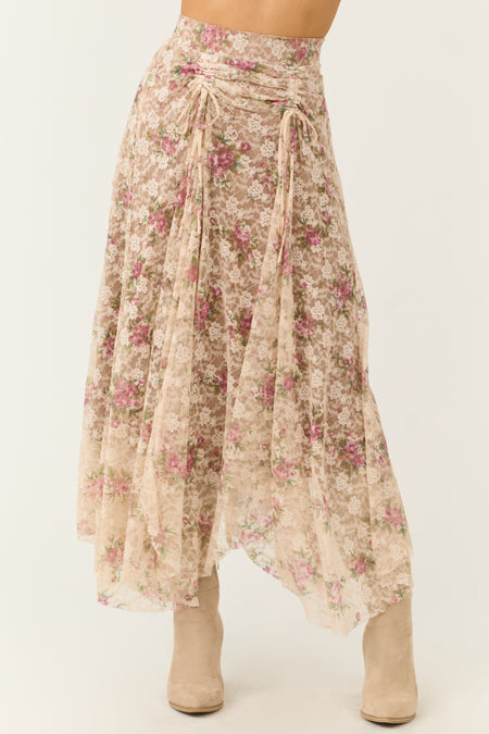 Desert Sand Lace Handkerchief Hem Maxi Skirt