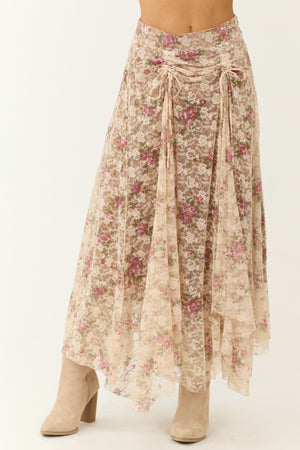 Desert Sand Lace Handkerchief Hem Maxi Skirt