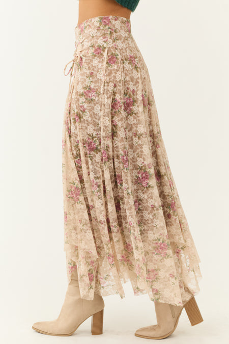 Desert Sand Lace Handkerchief Hem Maxi Skirt