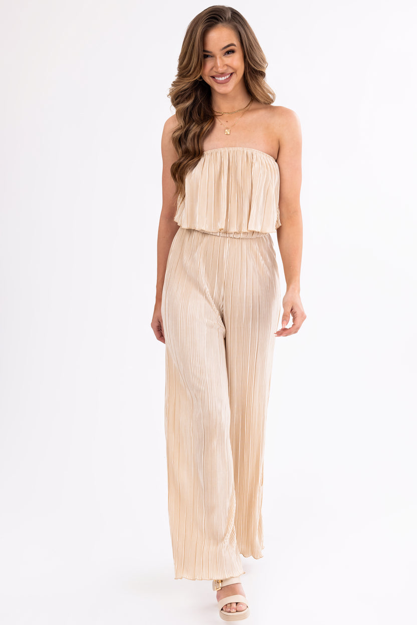 Desert Sand Pleated Sleeveless Overlay Jumpsuit