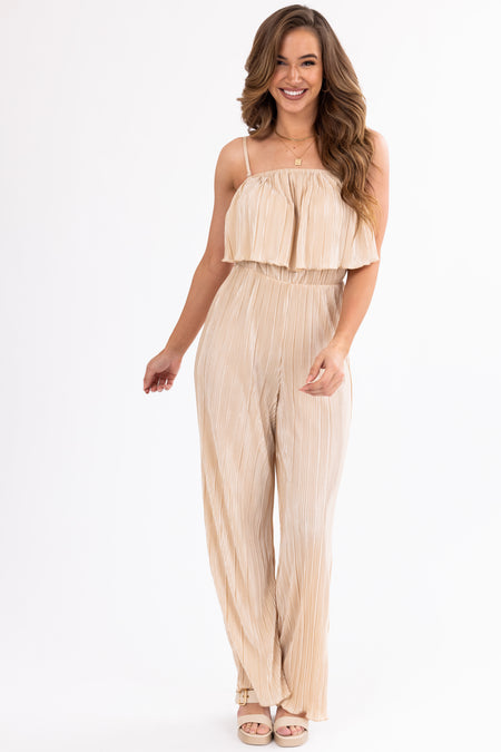 Desert Sand Pleated Sleeveless Overlay Jumpsuit