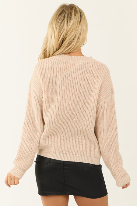 Desert Sand and Gold Sequin Bow Graphic Knit Sweater