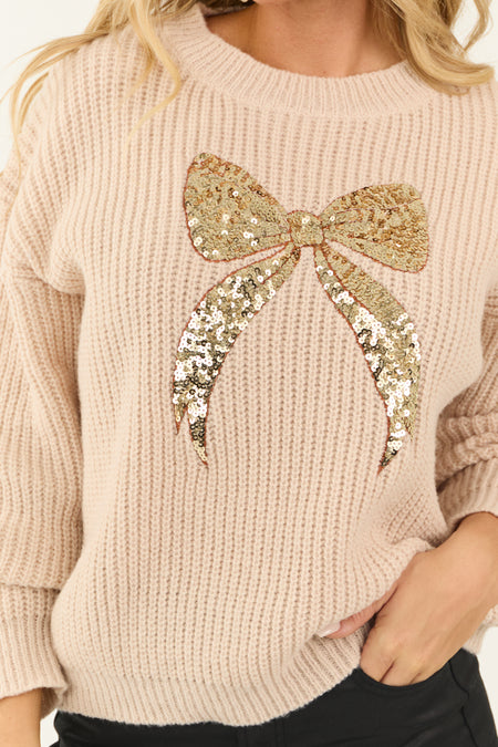 Desert Sand and Gold Sequin Bow Graphic Knit Sweater