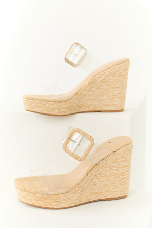 Desert Sand Clear Strap Open Toed Woven Wedges