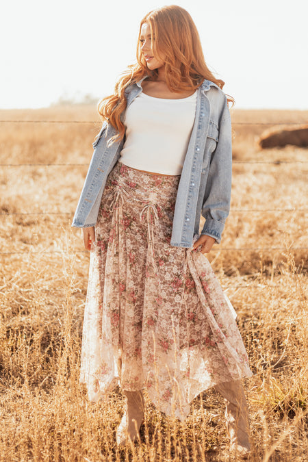 Desert Sand Lace Handkerchief Hem Maxi Skirt