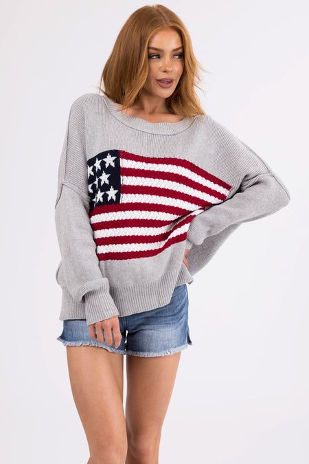 Dove Grey American Flag Crochet Knit Sweater