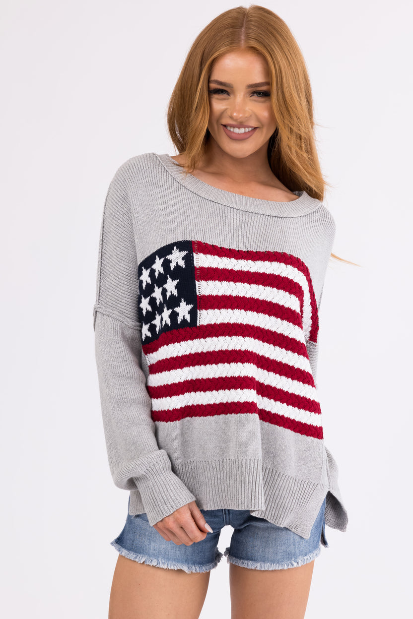 Dove Grey American Flag Crochet Knit Sweater