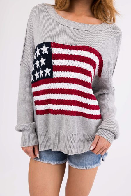 Dove Grey American Flag Crochet Knit Sweater