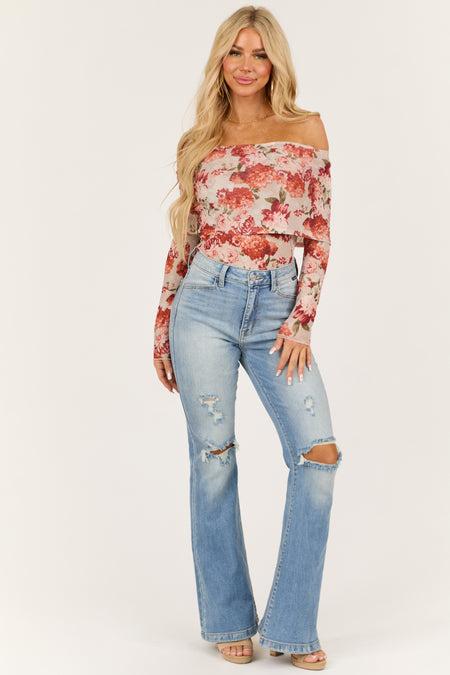 Dove Grey Floral Print Off the Shoulder Bodysuit