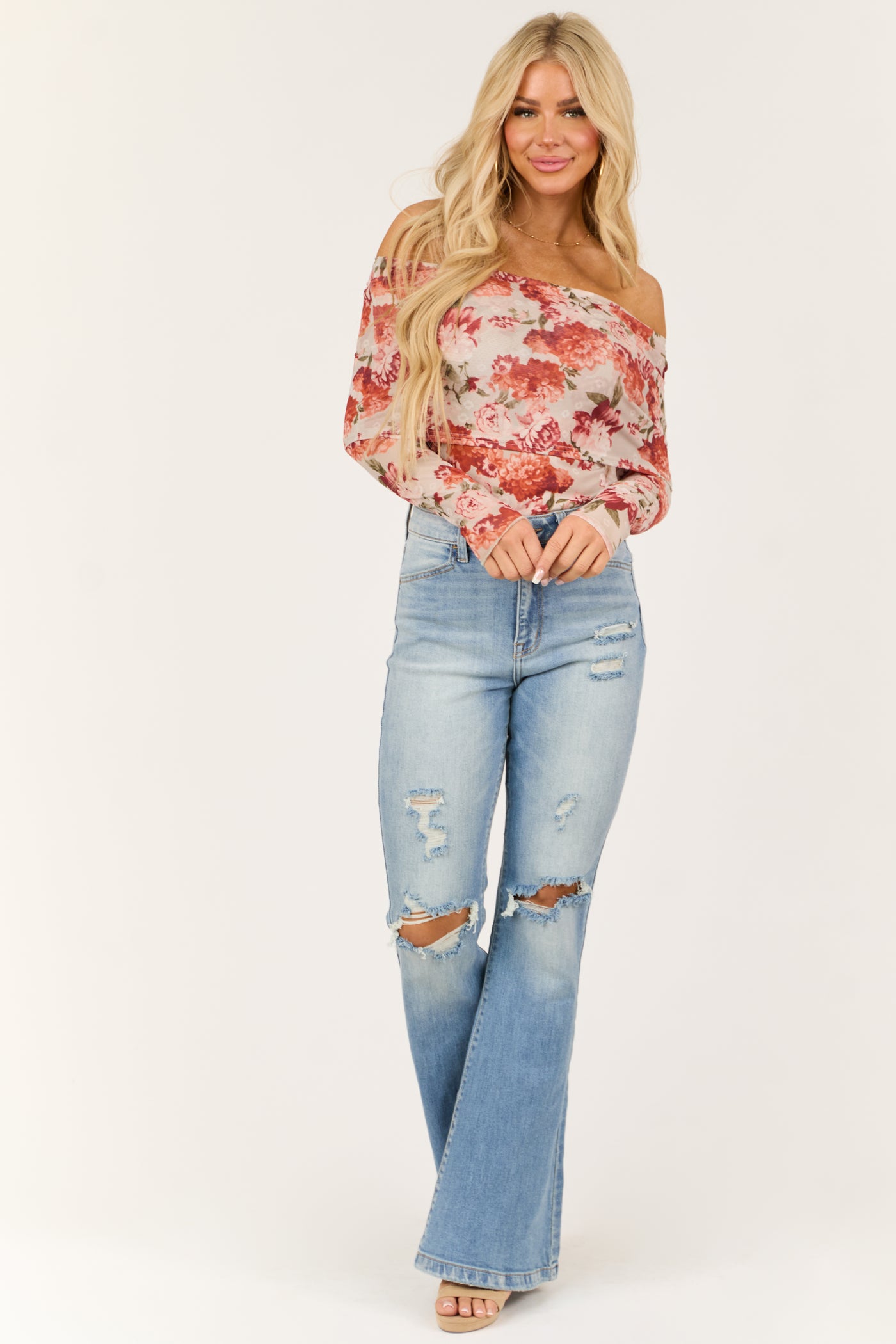 Dove Grey Floral Print Off the Shoulder Bodysuit