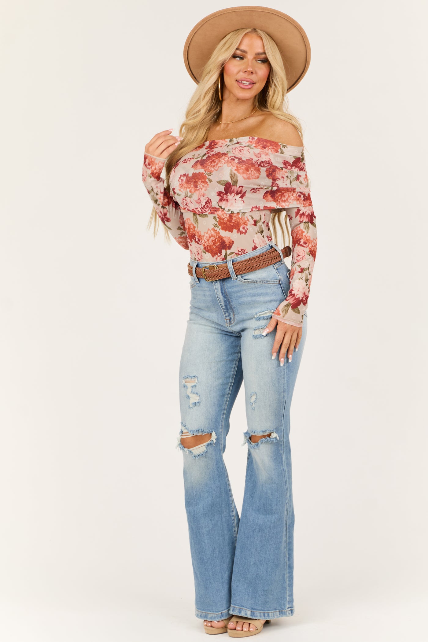 Dove Grey Floral Print Off the Shoulder Bodysuit