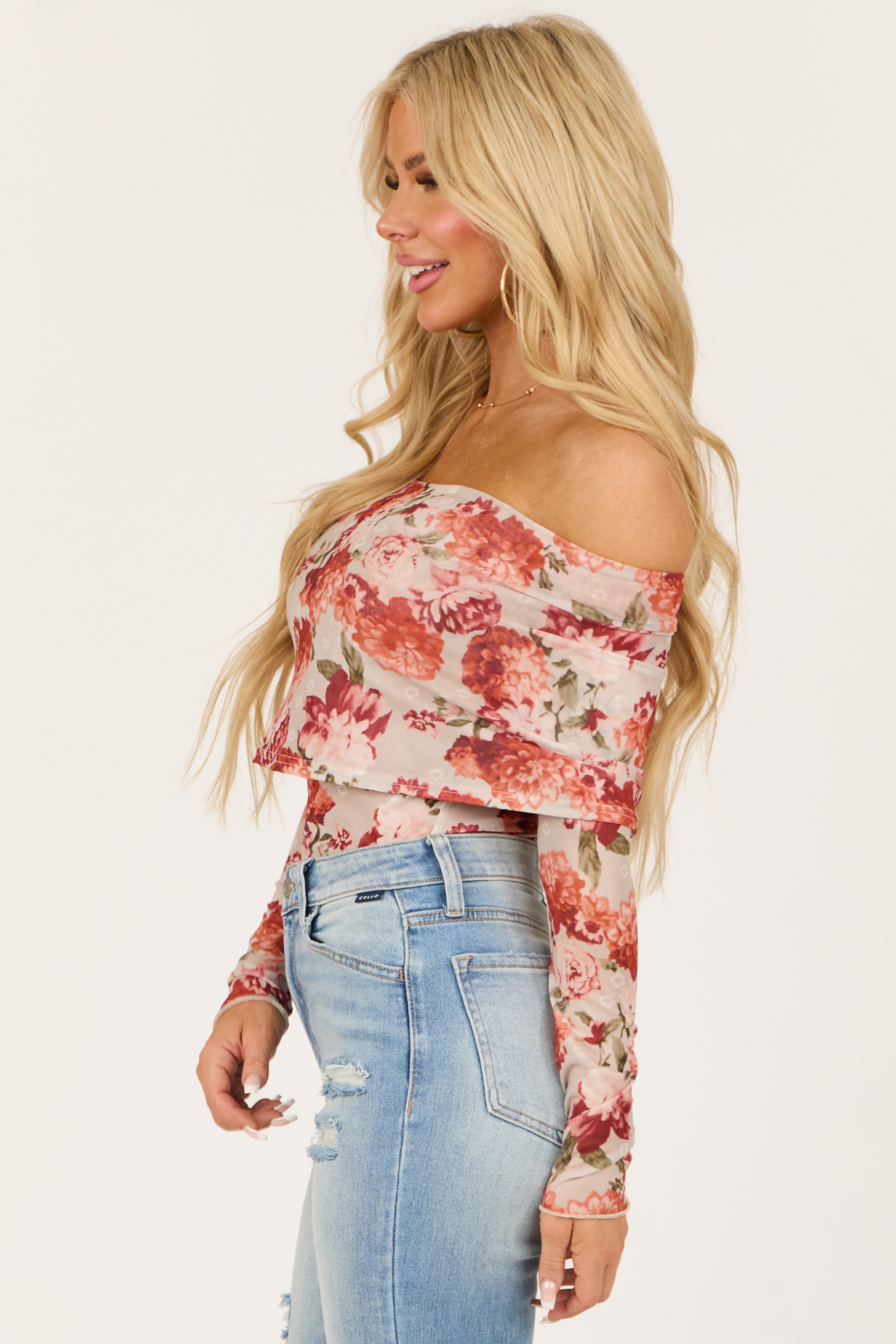 Dove Grey Floral Print Off the Shoulder Bodysuit