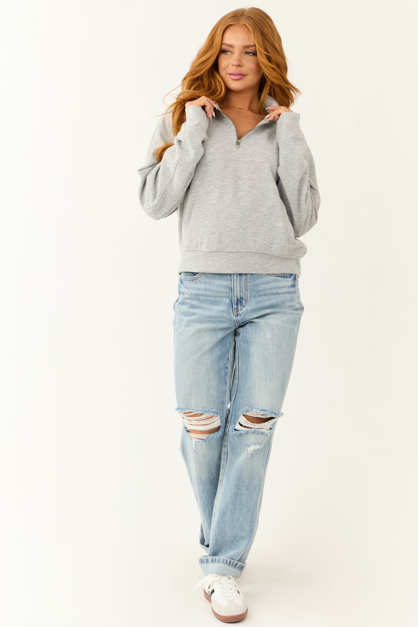 Dove Grey Half Zip Up Knit Long Sleeve Sweatshirt