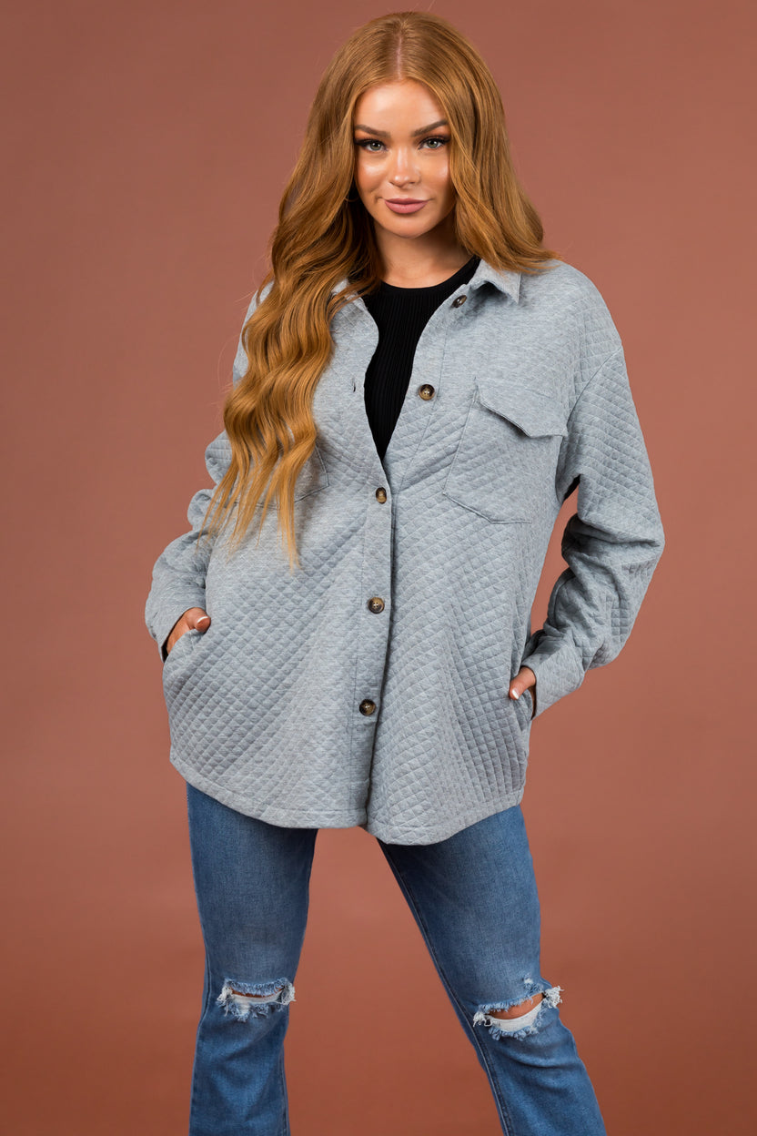 Dove Grey Lattice Quilted Chest Pocket Shacket