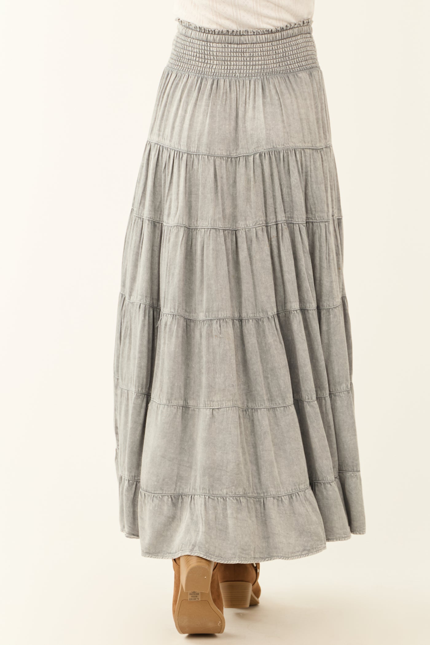 Dove Grey Lightweight Washed Denim Tiered Maxi Skirt