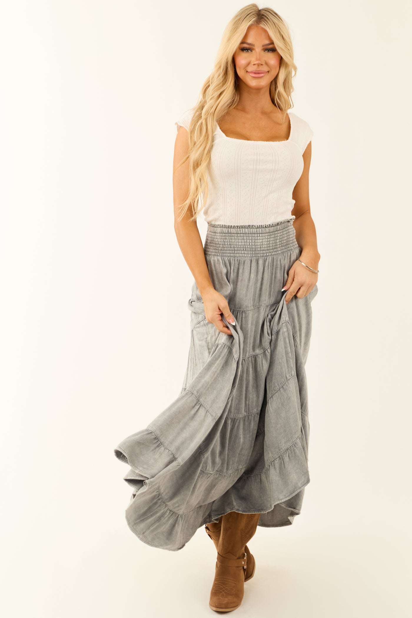 Dove Grey Lightweight Washed Denim Tiered Maxi Skirt