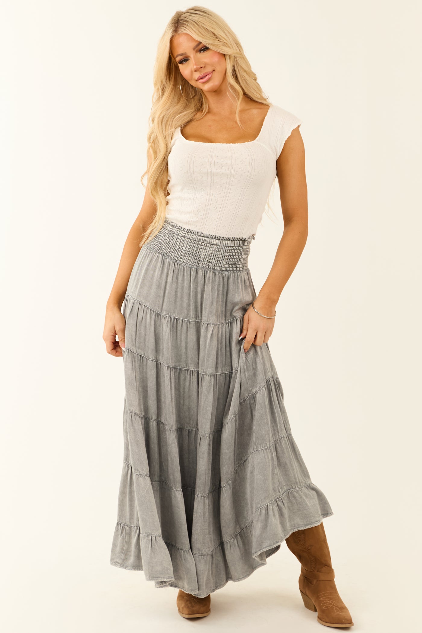 Dove Grey Lightweight Washed Denim Tiered Maxi Skirt