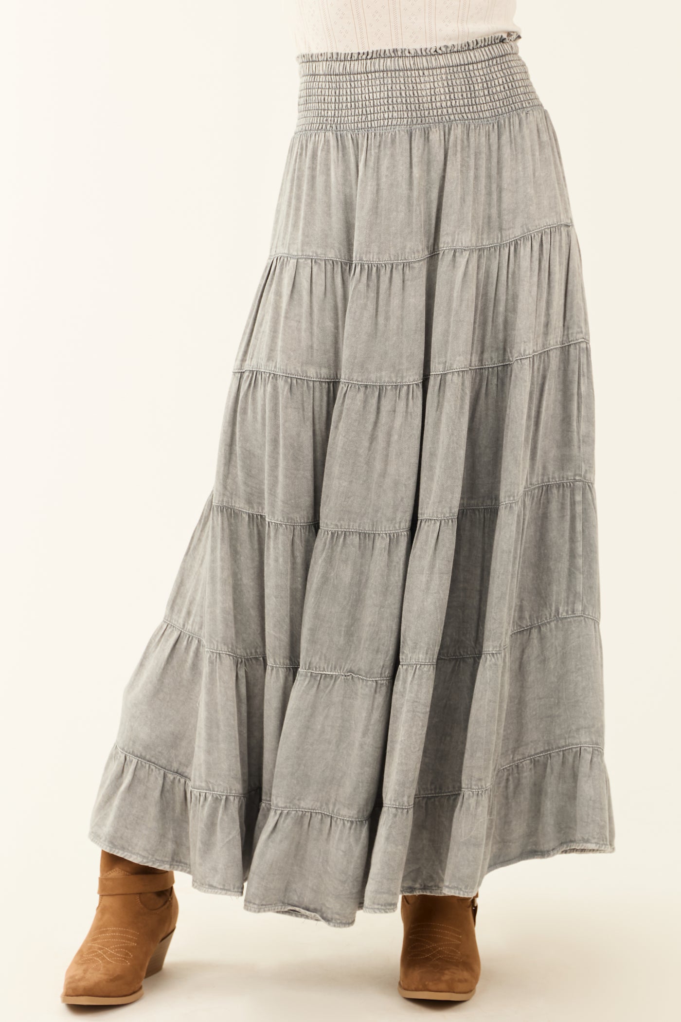 Dove Grey Lightweight Washed Denim Tiered Maxi Skirt