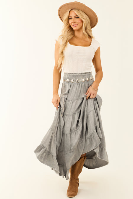 Dove Grey Lightweight Washed Denim Tiered Maxi Skirt