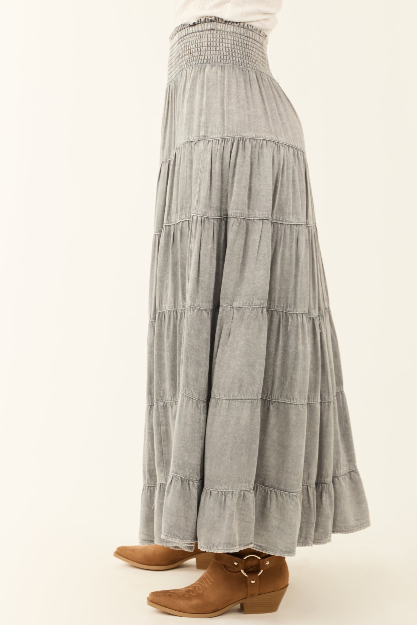 Dove Grey Lightweight Washed Denim Tiered Maxi Skirt