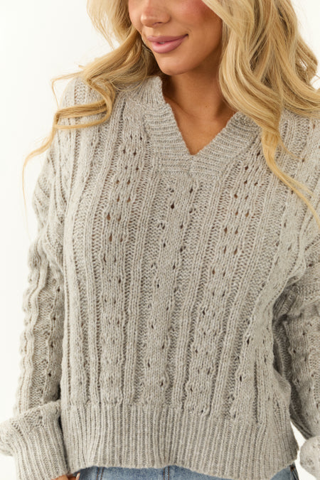 Dove Grey Notch Neck Cable Knit Sweater