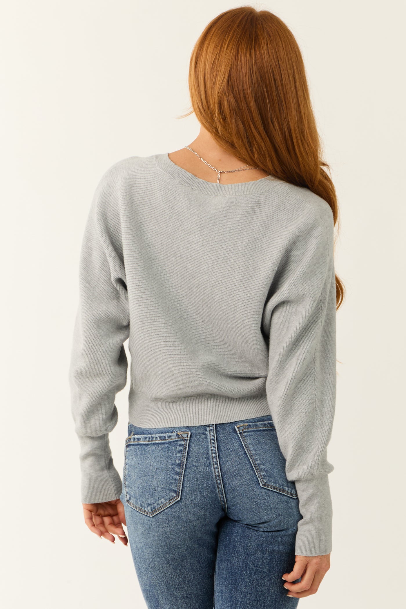 Dove Grey Ribbed Knit V Neck Sweater