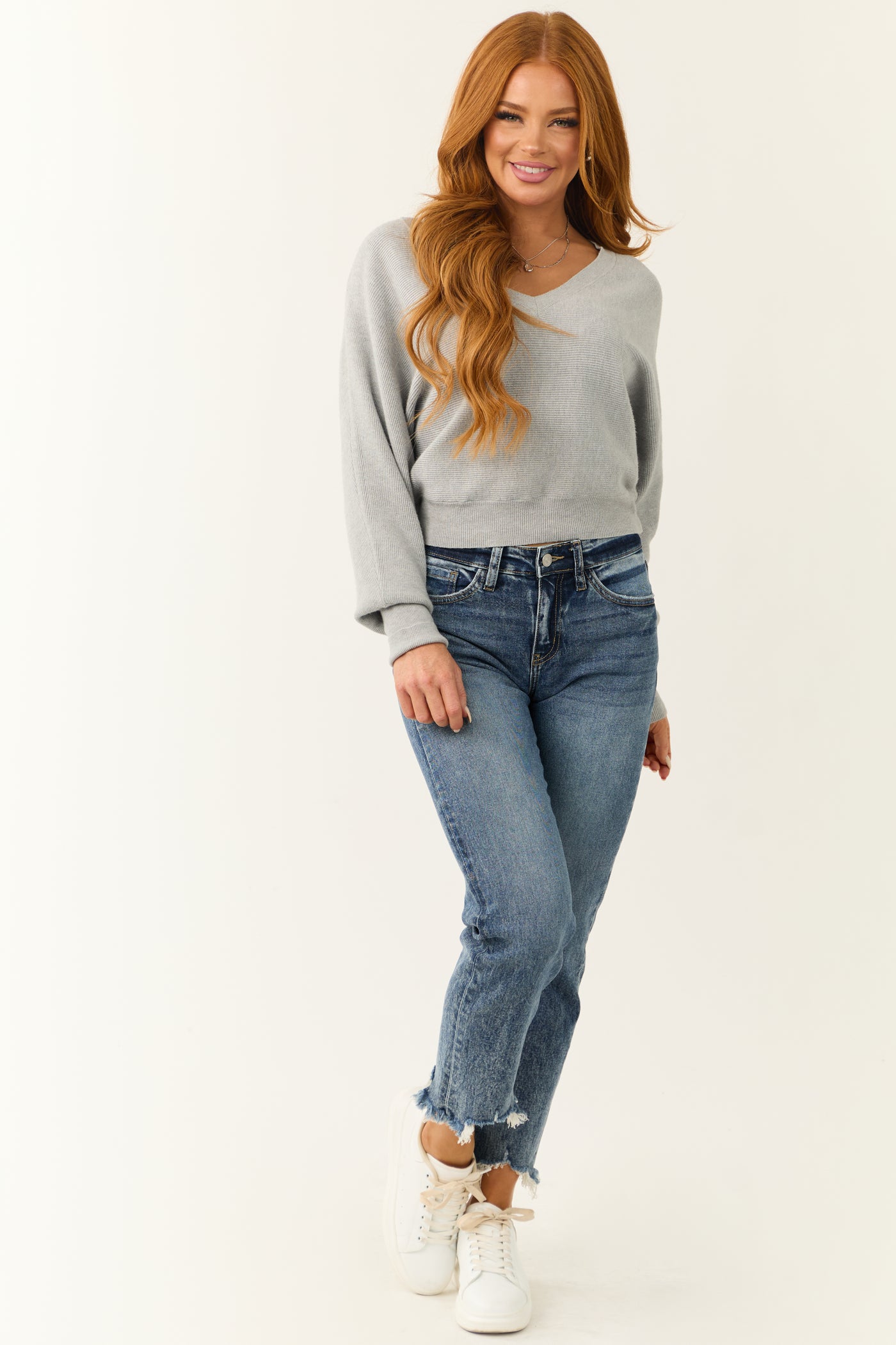 Dove Grey Ribbed Knit V Neck Sweater