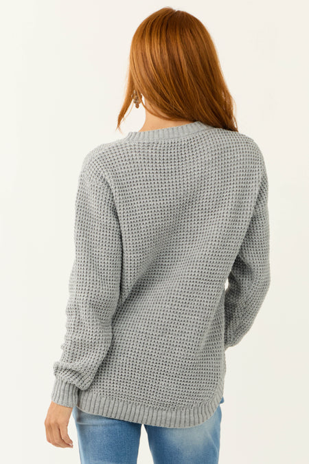 Dove Grey Thick Waffle Knit Curved Hem Sweater