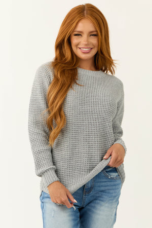 Dove Grey Thick Waffle Knit Curved Hem Sweater