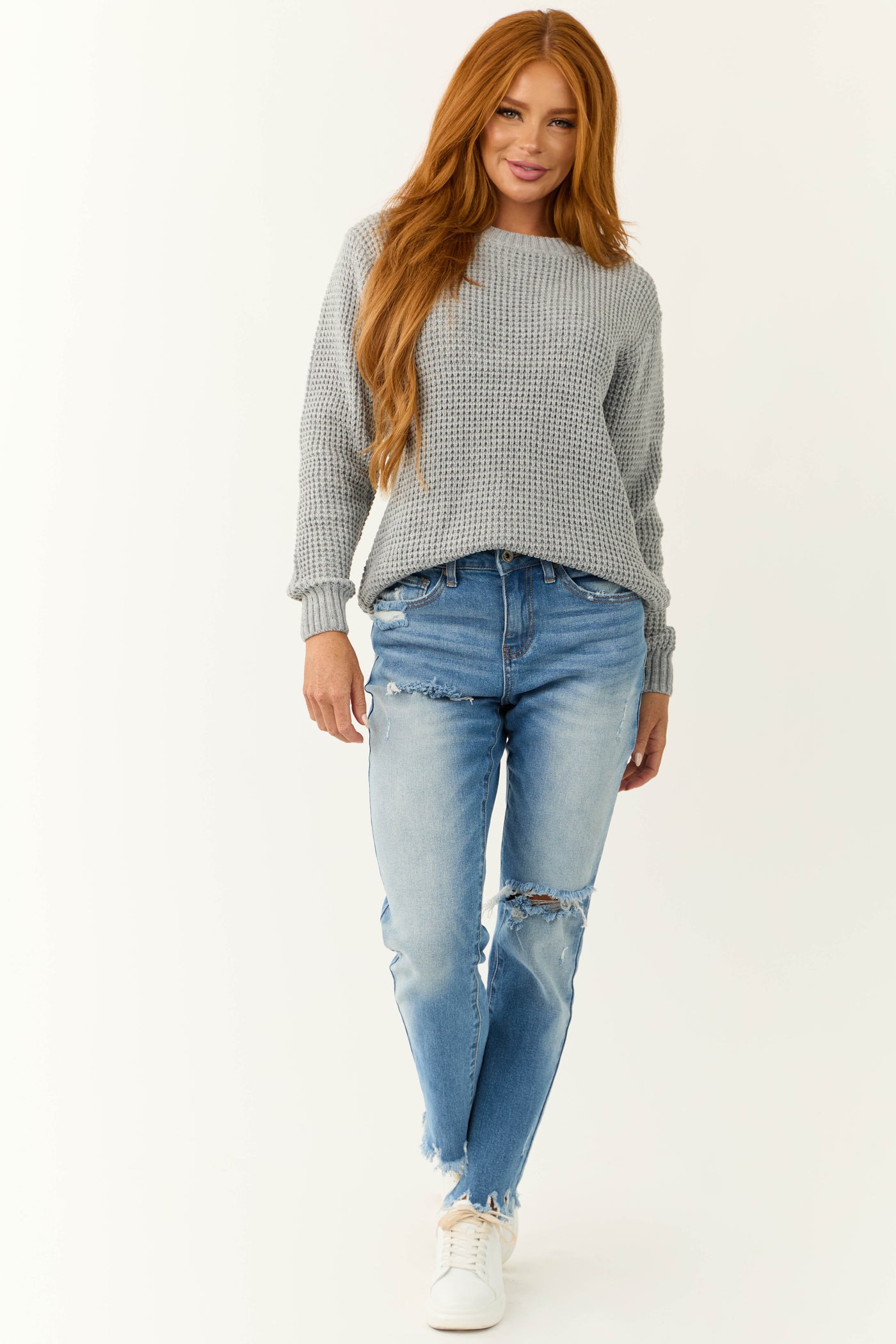 Dove Grey Thick Waffle Knit Curved Hem Sweater