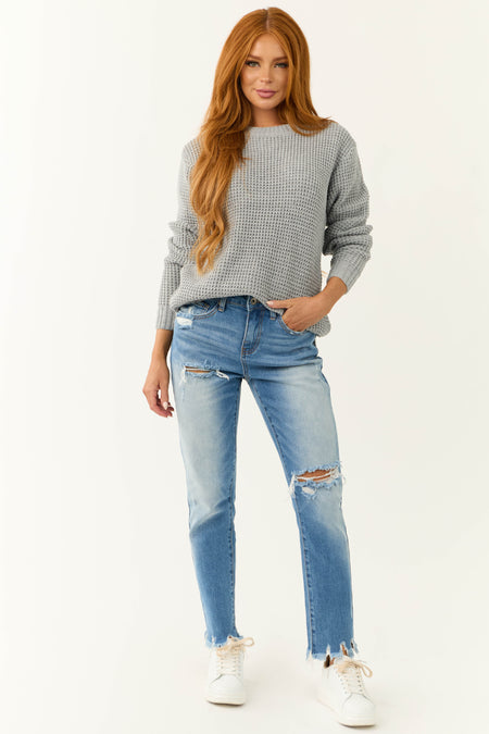 Dove Grey Thick Waffle Knit Curved Hem Sweater