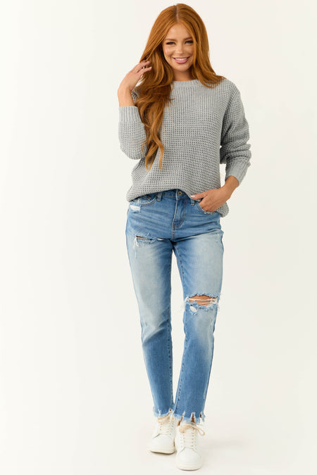 Dove Grey Thick Waffle Knit Curved Hem Sweater