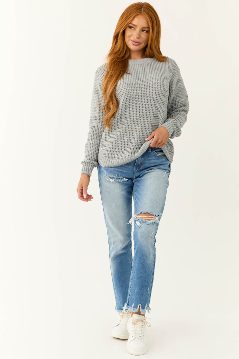 Dove Grey Thick Waffle Knit Curved Hem Sweater