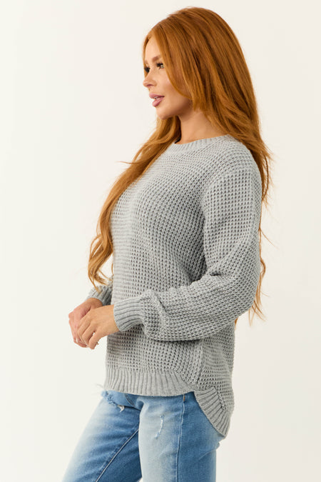 Dove Grey Thick Waffle Knit Curved Hem Sweater