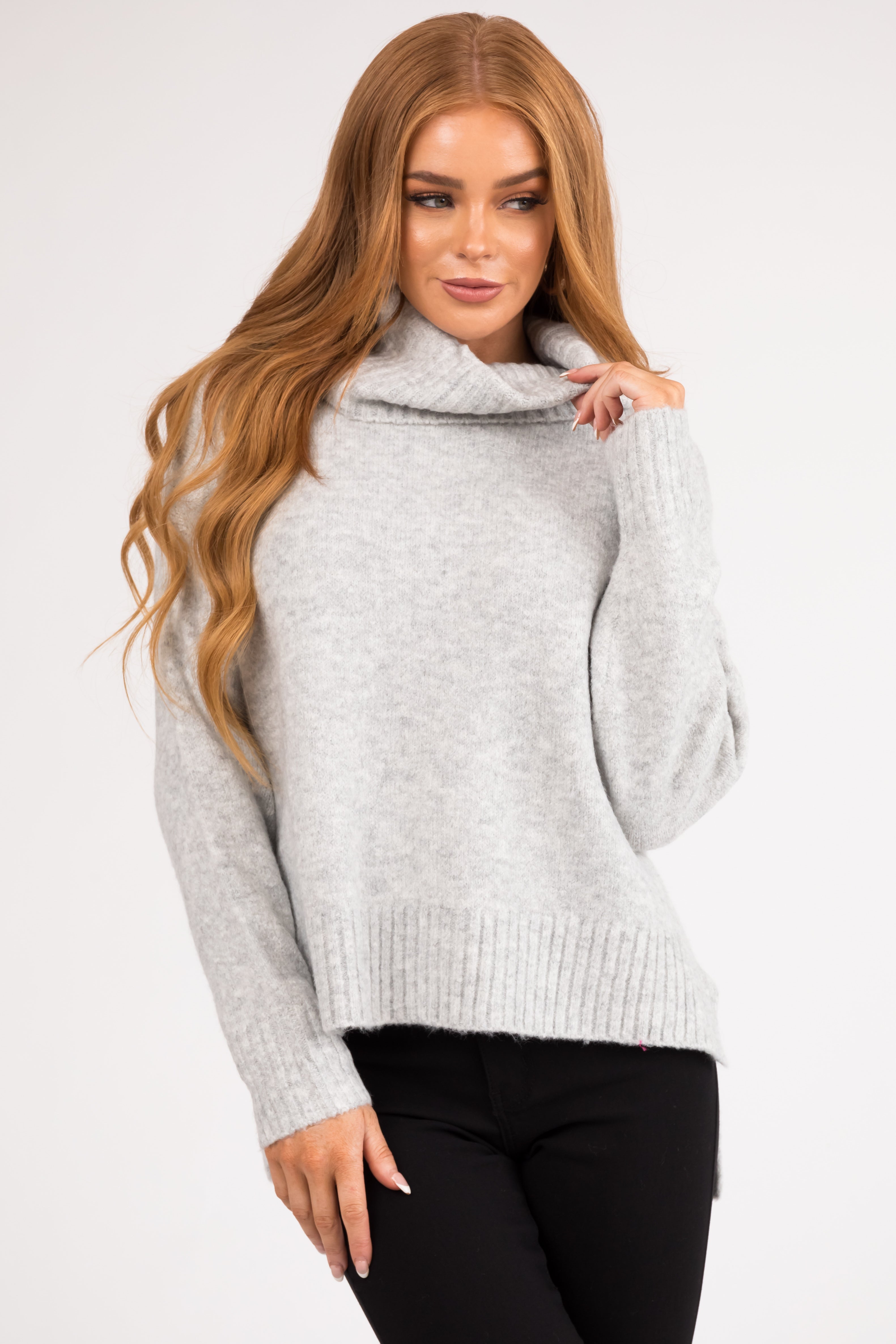 Dove Grey Wide Turtleneck Side Slit Sweater | Lime Lush