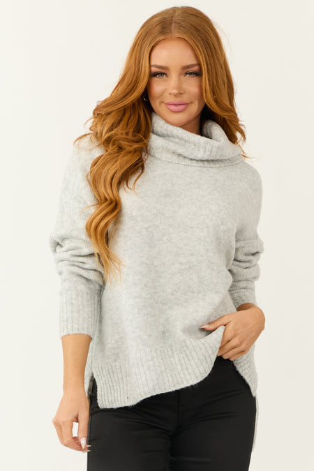 Dove Grey Wide Turtleneck Side Slit Sweater