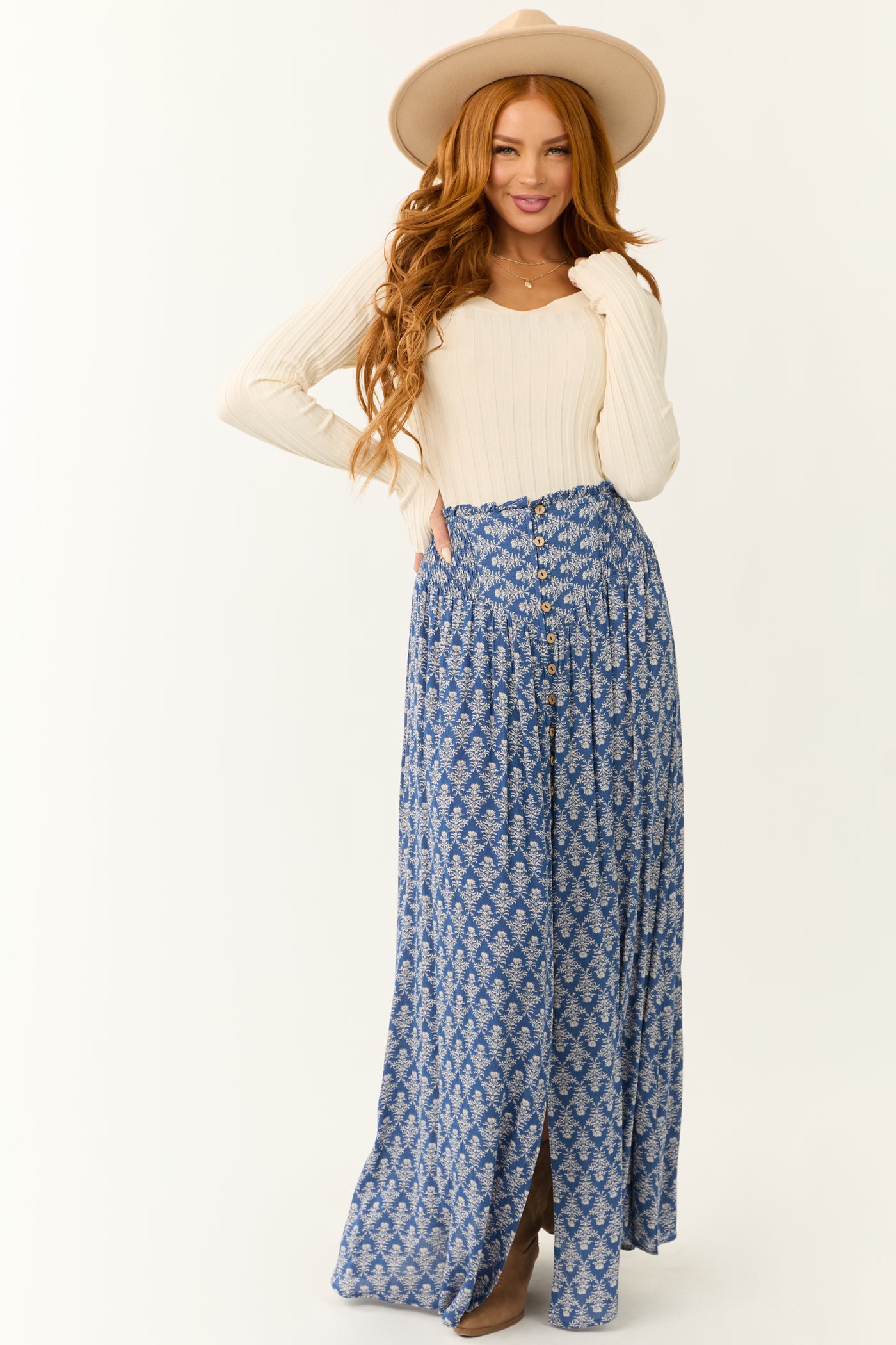 Dusty Blue Abstract Floral Print Maxi Skirt