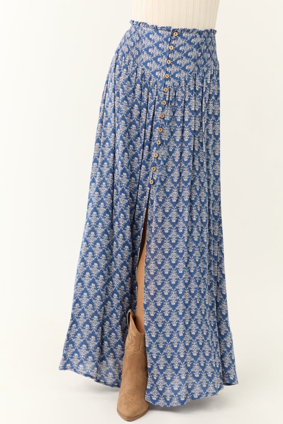 Dusty Blue Abstract Floral Print Maxi Skirt