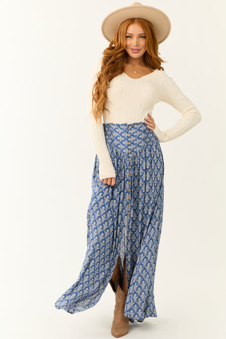 Dusty Blue Abstract Floral Print Maxi Skirt