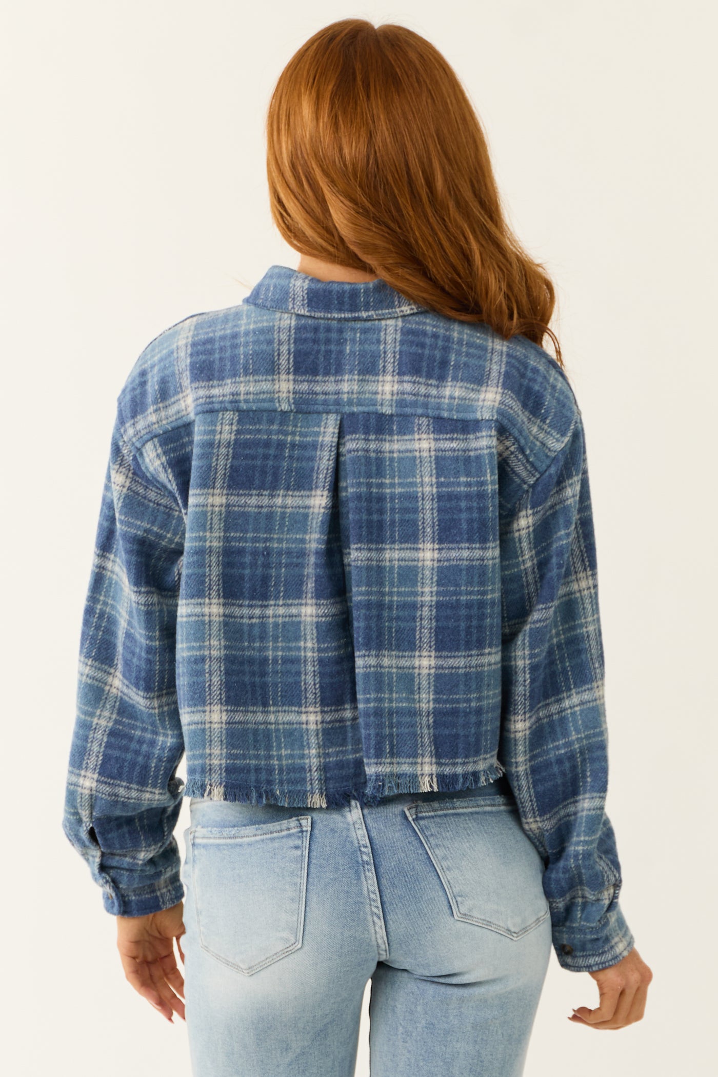 Dusty Blue Button Down Plaid Collared Shacket